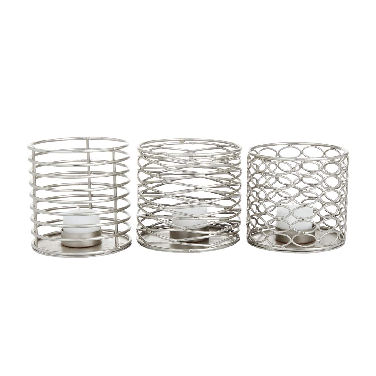 Set of 3 Silver Iron Modern Candle Holders, 4" x 4" x 4"